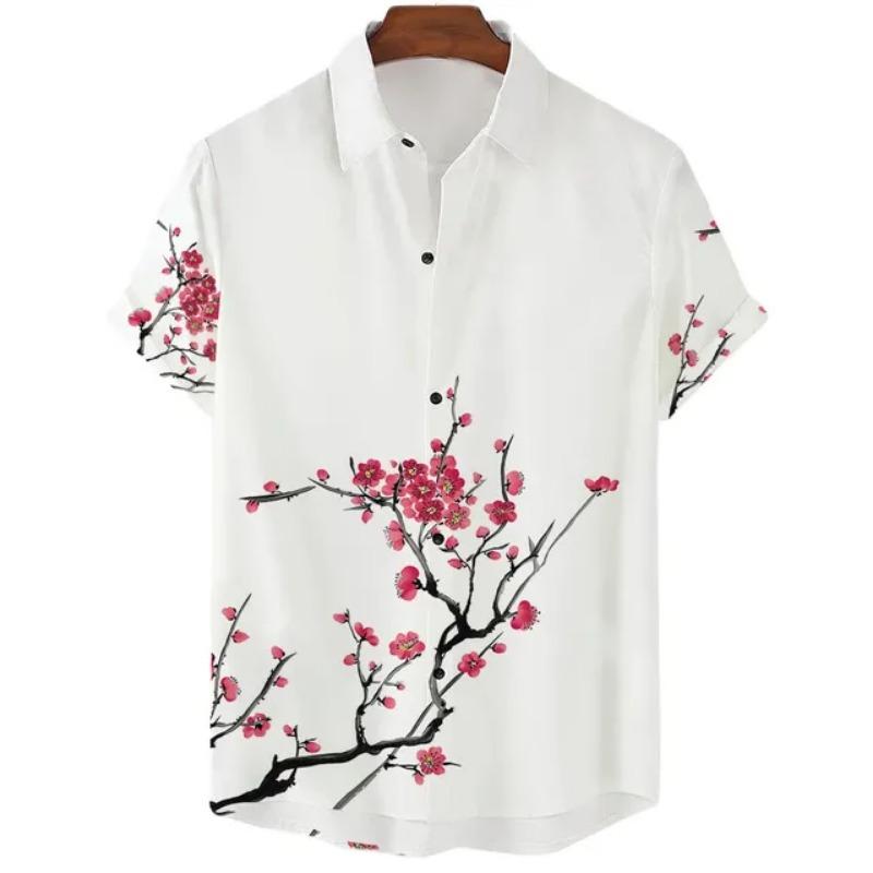 Fashionable Luxury Social Men's Shirt Lapel Button-down Shirt Casual Japanese Aesthetic Cherry Blossom Print Short-sleeved Tops