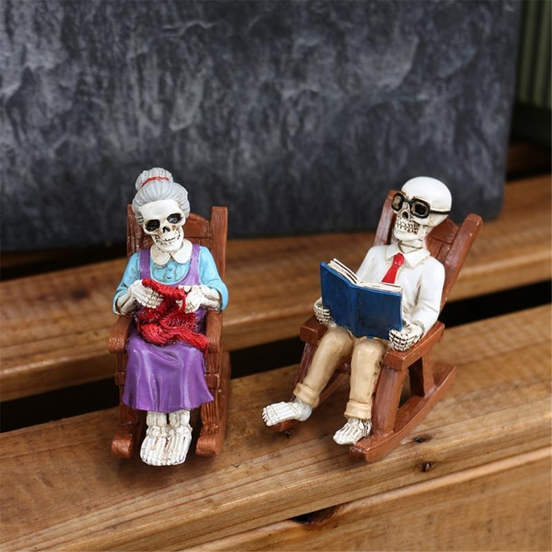 2 Piece Gothic Skeleton Couple Sitting In Rocking Chair With Book Figurine Sculpture Horror Home Decors Resins Ornaments