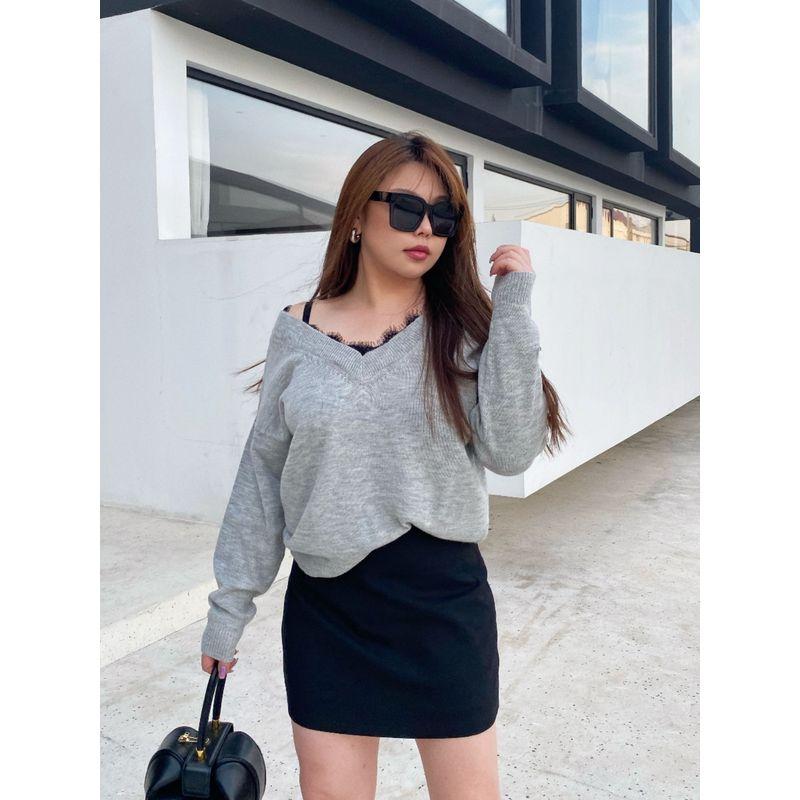 50% off Miss Biggie Fashion Plus Size Loose Easiest for Match Collar Edge Stitching Lace Wool Blend Long Sleeves Sweater