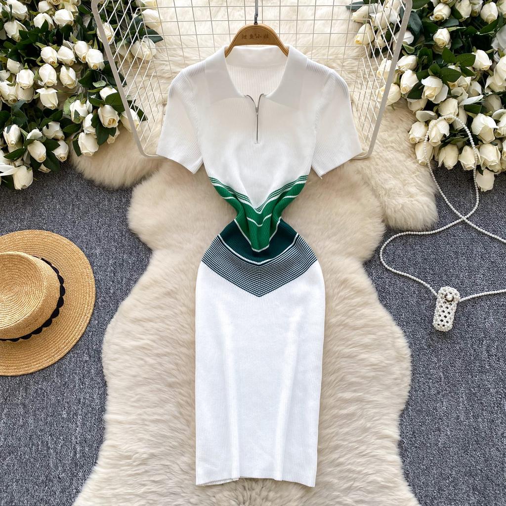 Robe courte moulante en tricot à taille fine et patchwork vintage pour femme, tenue d'été décontractée