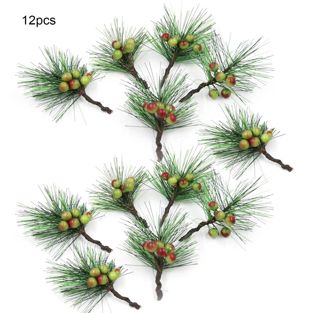 12 pièces Fait Main DIY Mini Branches de Pin Aiguilles Baies Rouges Accessoires Couronne de Noël Boîte Cadeau Plantes Artificielles Arrangement Floral