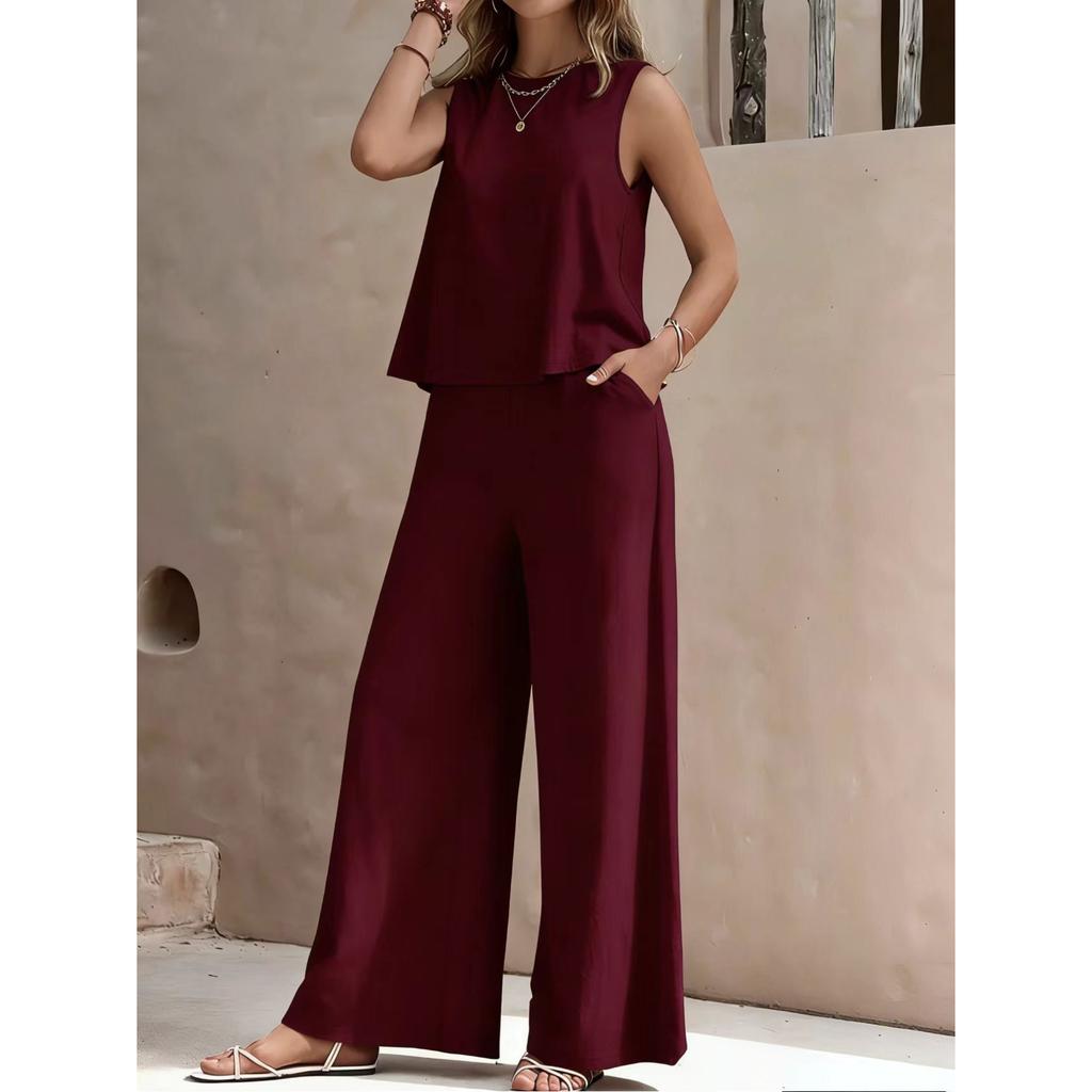 Women's Sleeveless Vest and Trousers Two Piece Set Solid Color Two Piece Round Neck Top Pants Suit Casual Set Vacation