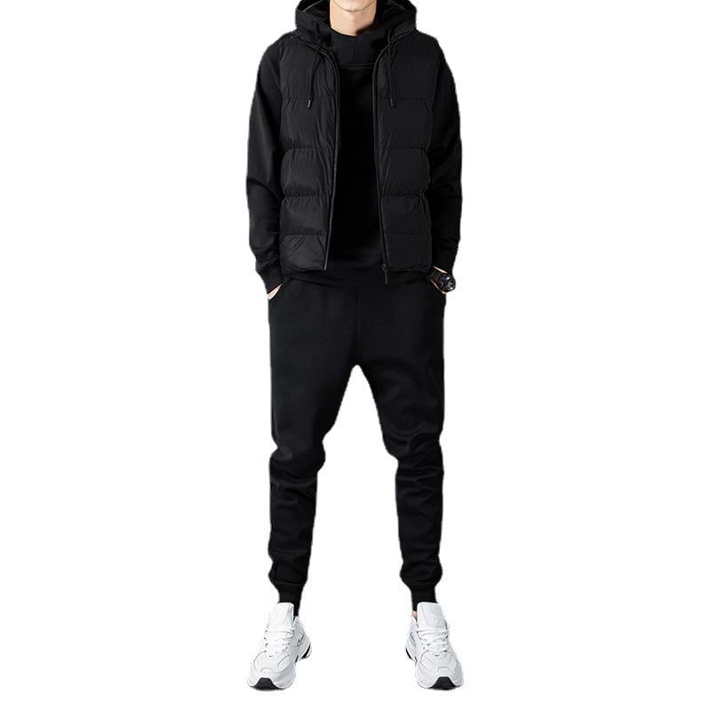 Costum Pulover cu Glugă Coreean pentru Bărbați Toamnă/Iarnă: Set 3 piese Cardigan gros de catifea plus de mărime mare