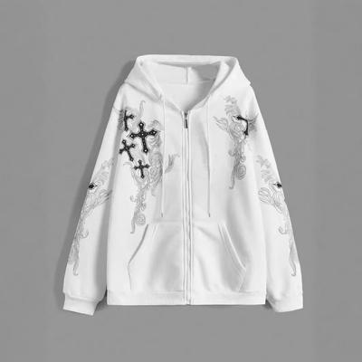 Felpa con cappuccio e zip oversize da donna con stampa a croce Streetwear casual Vestibilità larga Manica lunga