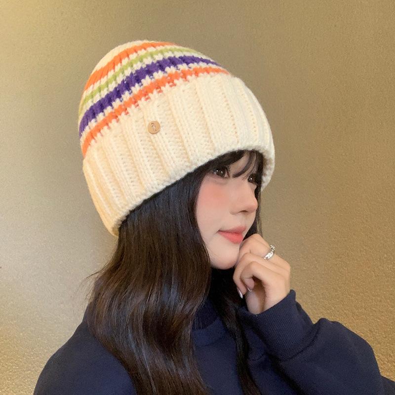 

Colorblock Striped Knitted Hat for Women In Autumn and Winter New Style Korean Simple Niche Cold proof and Warm Woolen Hat Trend M（56-58cm）