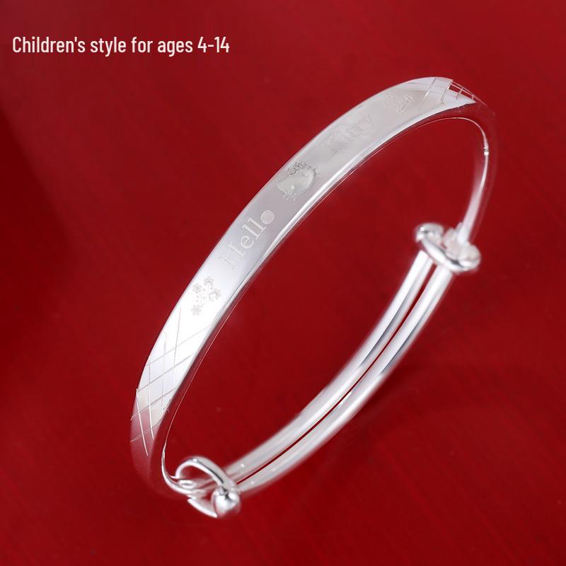 Big Kids 9999 Sterling Silver Keti Cat Bracelet - Solid Silver, Push-Pull Bangle, Engravable, Simple Design for Children.