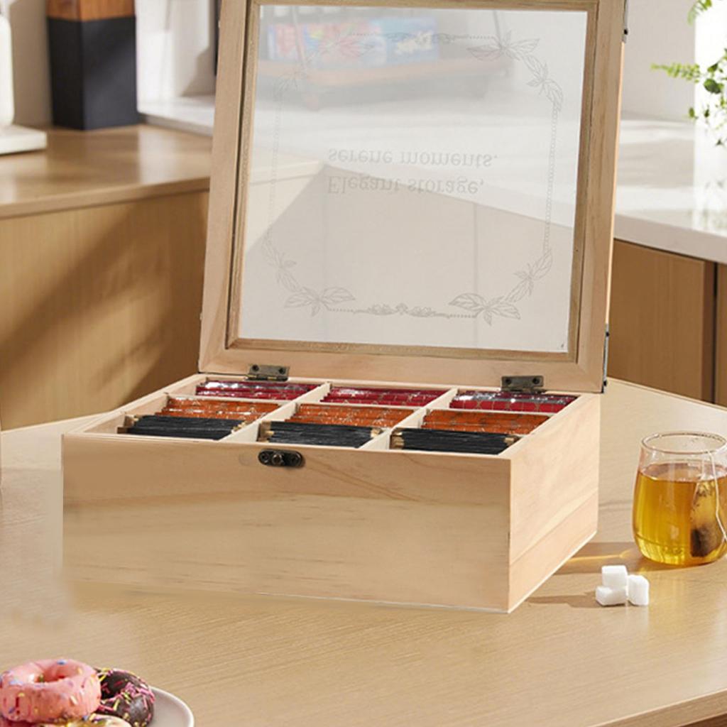 Wooden Tea Bag Organizer Box 9 Compartments Storage Teabag Holder Container with Transparent Lid for Countertop Tea