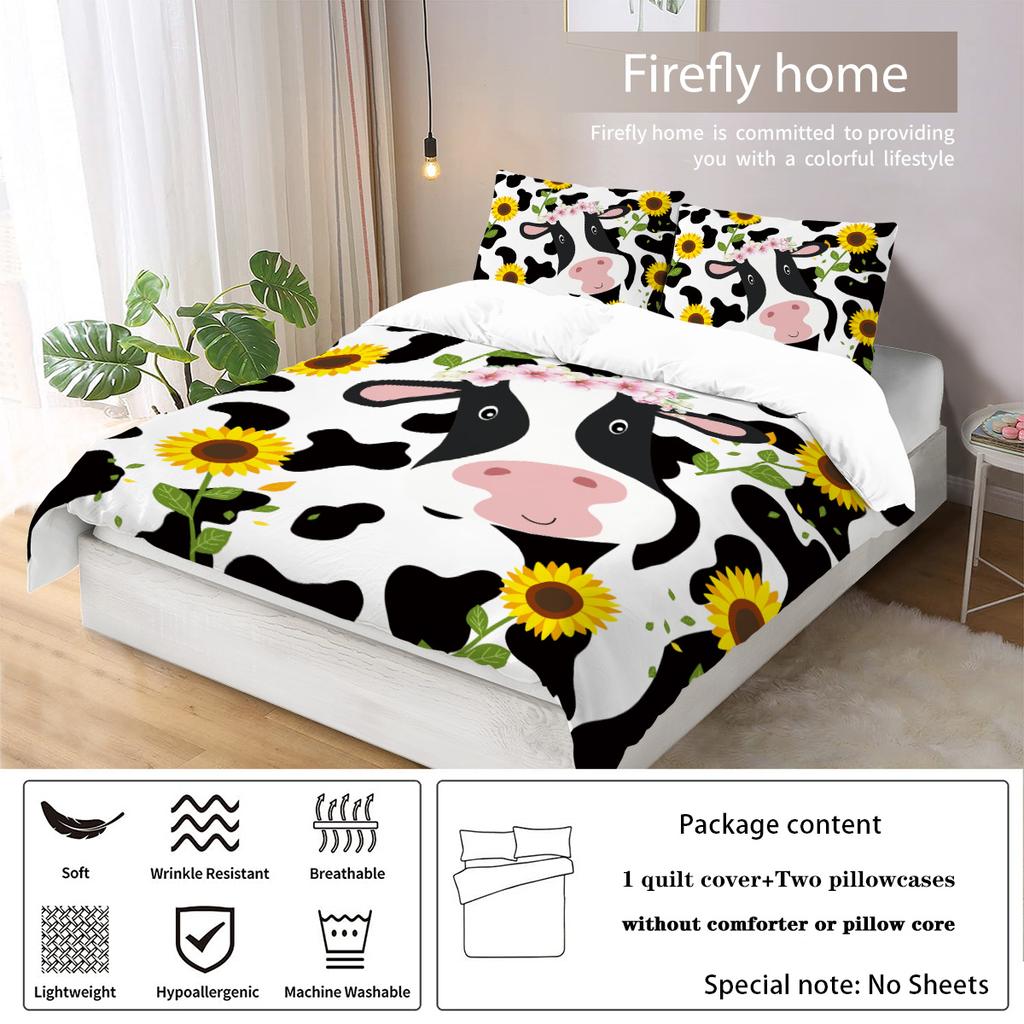 3-piece rural farm style cow flower pattern printed down duvet cover (1 duvet cover+2 pillowcases, no core) bedding set