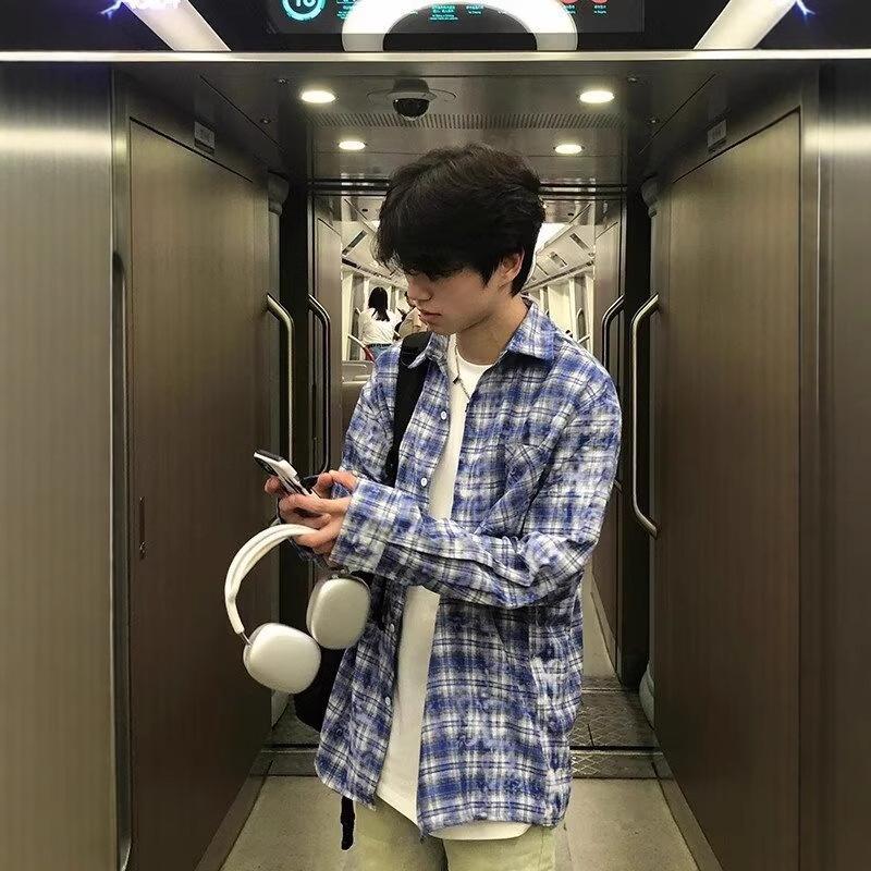 

Unisex Retro Checkered Long Sleeve Shirt - Hong Kong Style 2024 Spring/Autumn Versatile Jacket XL синій