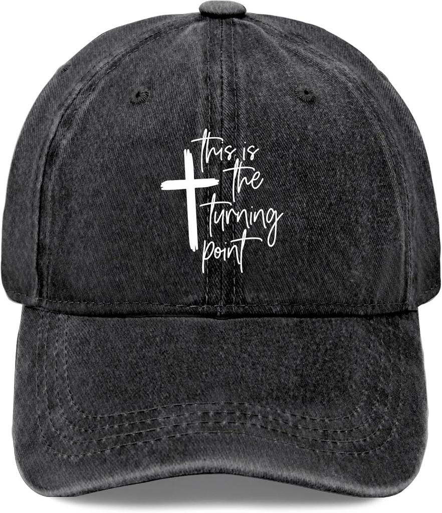 This Is The Turning Point Cross Graphic Washed Baseball Cap Distressed Casual Polyester Hat for Adults