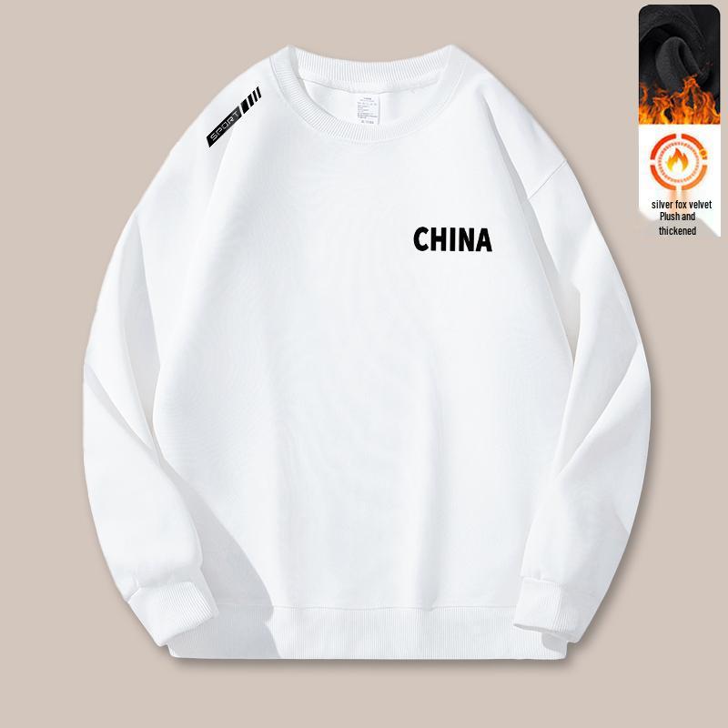 Men's Trendy Round Neck Print Hoodie - Loose Fit with Plus Velvet, Long Sleeve Pullover for Autumn/Winter. Fashionable and Versatile Base Layer.