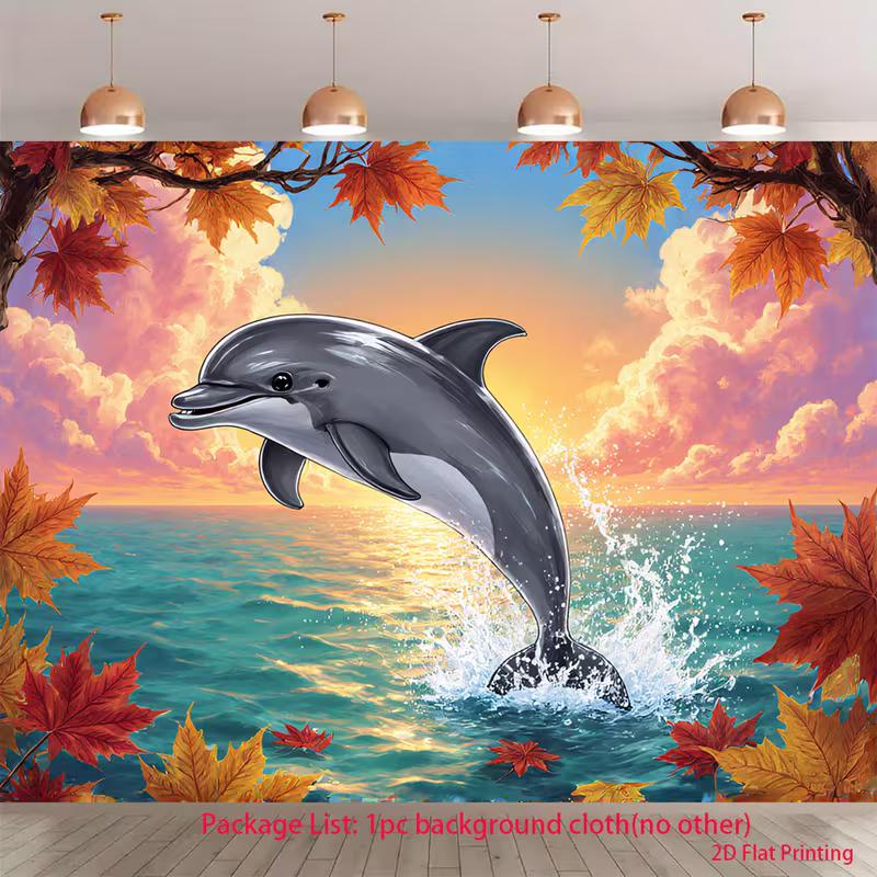 2D Sunset Ocean Backdrop, Dolphin  Autumn Maple Leaves Party Background 47.2x31.5inch/120*80cm
