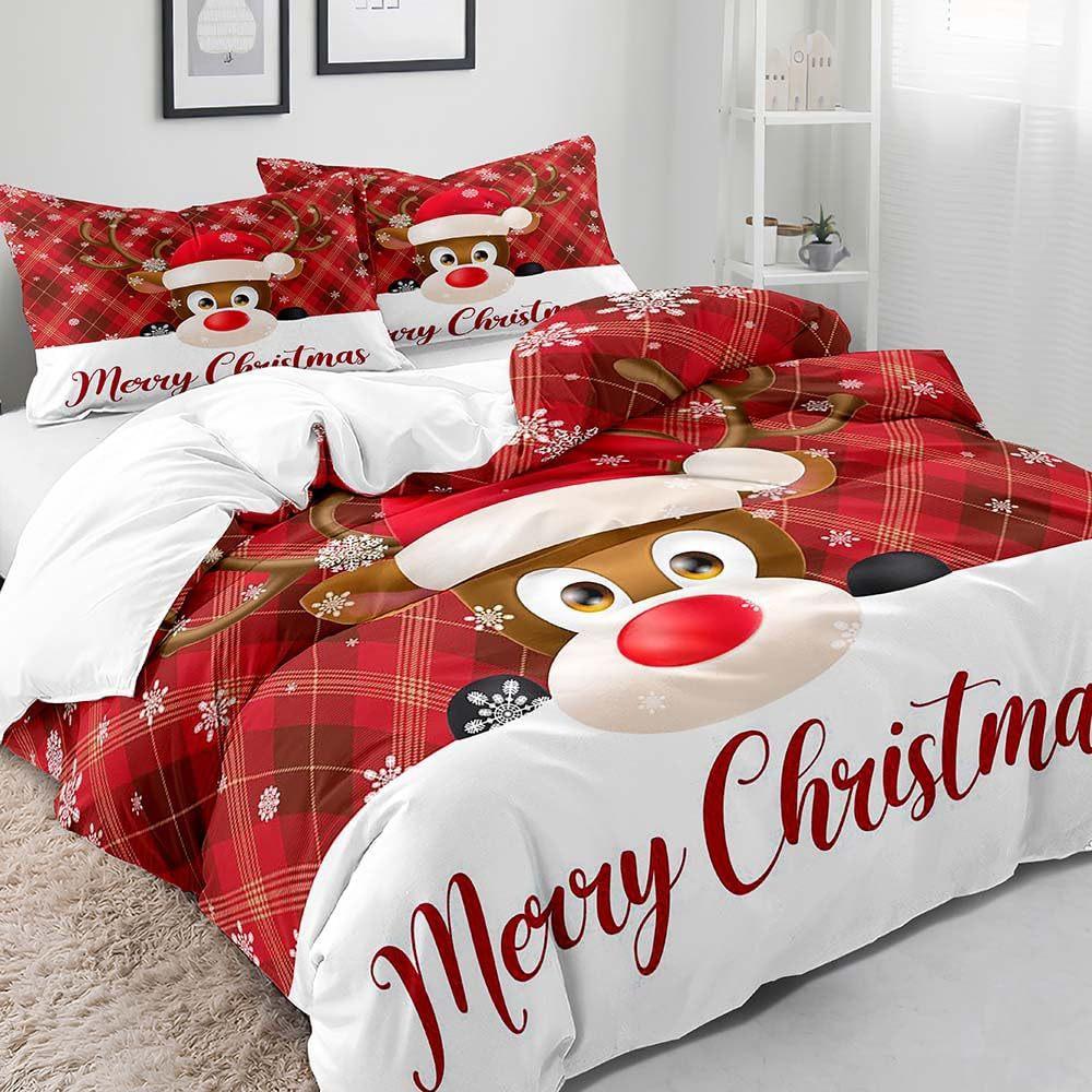 Red Christmas Hat Elk Three-Piece Quilt Cover 3D Digital Printing Bedding Set Bed Cover