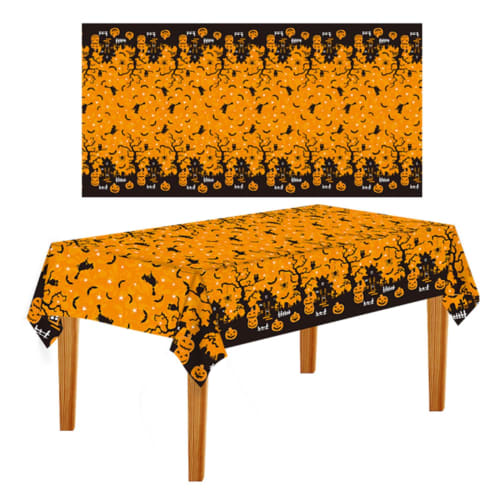 Seimeinoki Halloween Tablecloths, Set of 2, Pumpkin-Shaped Plastic Waterproof Table Covers for Halloween Decorations, Scary Table Decor for Outdoor Ki
