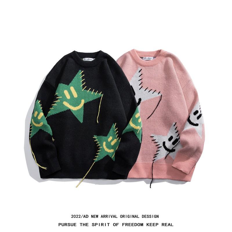 Oversized Chunky Knit Sweater With Contrast Star Unisex Winter Casual Pullover Men Women