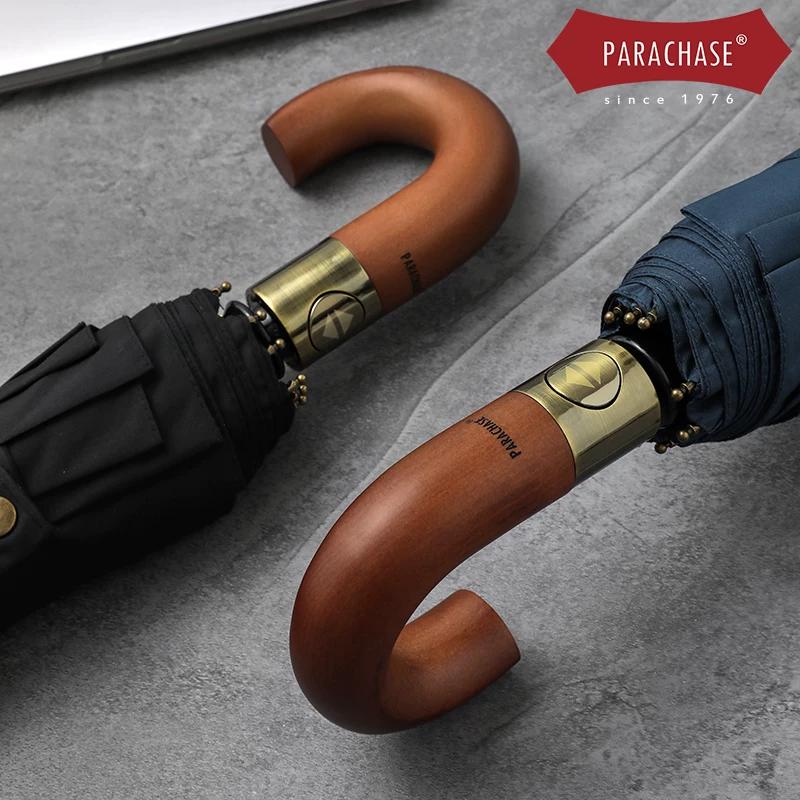 Parachase High-End Wooden Handle Curved Handle Fully Automatic Umbrella, Sturdy Ten-Rib Double Umbrella, Men's Business Wind-Resistant Umbrella