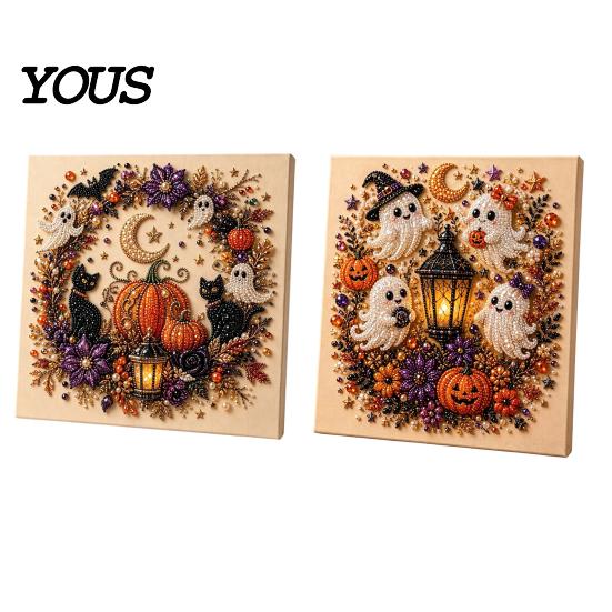 Rękodzieło Mozaikowe DIY dla Dorosłych Halloweenowy Zestaw Artystyczny z Sztucznymi Perłami, Strasznie Urocze Rzemiosło Malowania Koralikami 3D, Relaksujące Sztuki Gotycki Duch Dynia Kot Wrona Ściana Dom