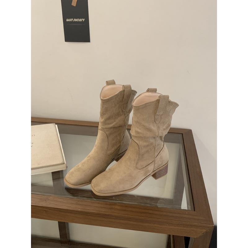 

Ретро брюки-трубы короткие ботинки женские толстый каблук 2025 новые плиссированные ботинки-чулки Мартин западные ковбойские рыцарские ботинки 40 хаки