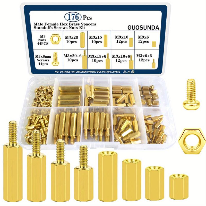 

Набор латунных гаек с винтами Латунная однопроходная стойка Шестигранная медная двухпроходная стойка Смешанные 176 шт. винтов в коробке 176Pcs