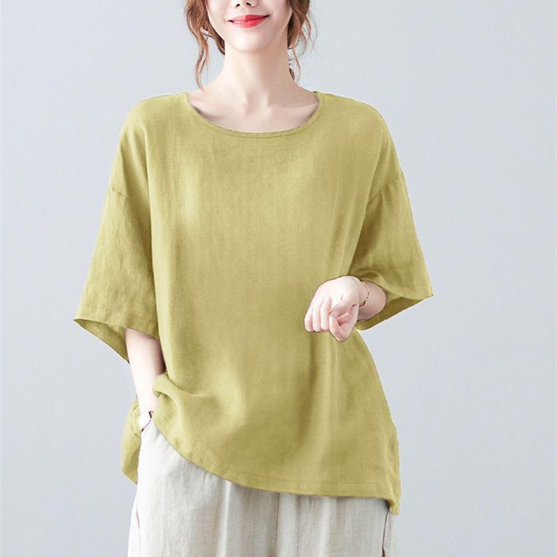 Casual Artistic Cotton Linen Women's T-Shirt Short Sleeves Vintage Top for Summer Plus Size Loose Fit Mother Clothing