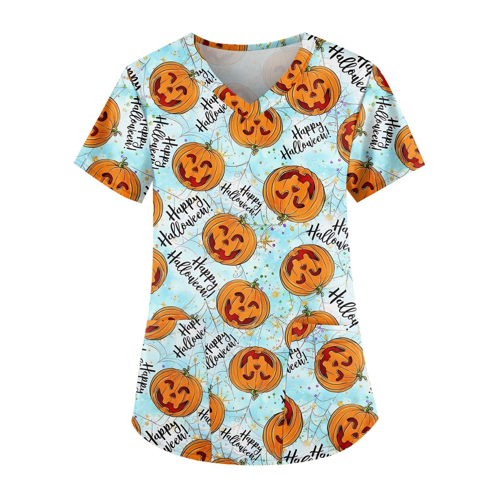 

Женская мода V-образный вырез повседневные Хэллоуин принтованные топы с карманами рабочая одежда M