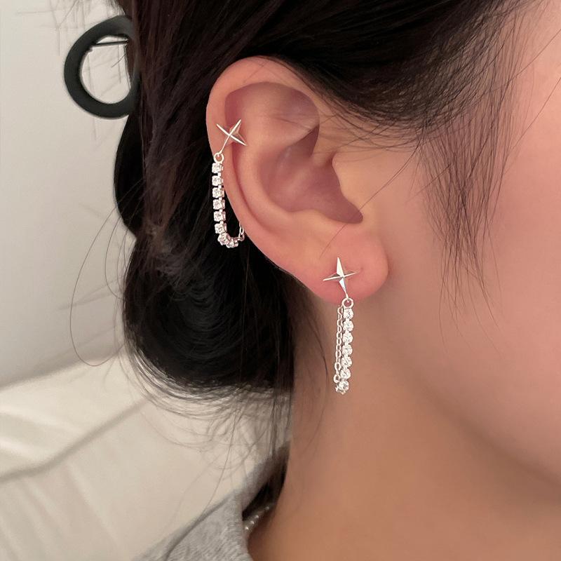 Exquisite Zircon Four-Point Star Earrings, Tide Temperament Long Fringed Cross Meteor Earrings