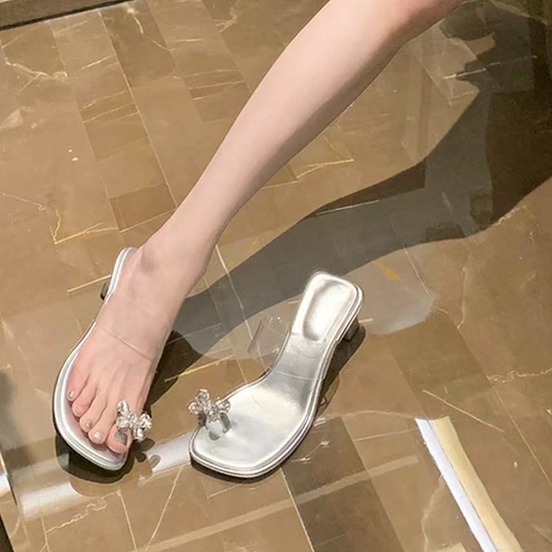 Fashion Slippers Casual Butterfly-Knot Glitter Slides Shoes Square Heel Transparent Heel Luxury Jelly Block Summer Crystal Scandals Butt