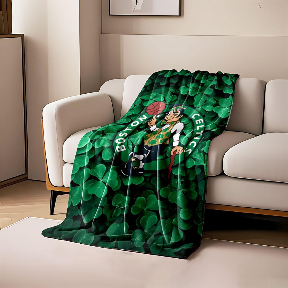 

A mascot spinning a basketball over a field of green clovers. for all seasons blanket lunch break throw gift 80cm x 120cm