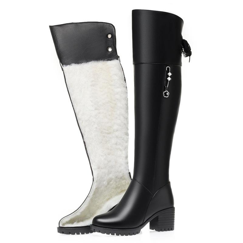 Over-knee Boots Medium Heel Thickened Full Wool Boots Women's Winter Boots Thick Heel Thick Sole Tall Boots Large Size Women's Cotton Boots