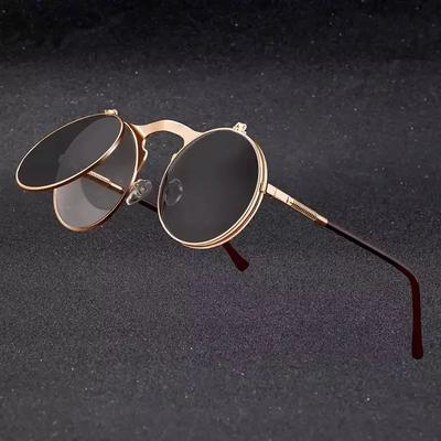 Okulary przeciwsłoneczne okrągłe Steampunk Kobiety Mężczyźni Vintage Metalowe Flip Okrągłe Podwójne soczewki Ochrona UV400 Gafas De Sol