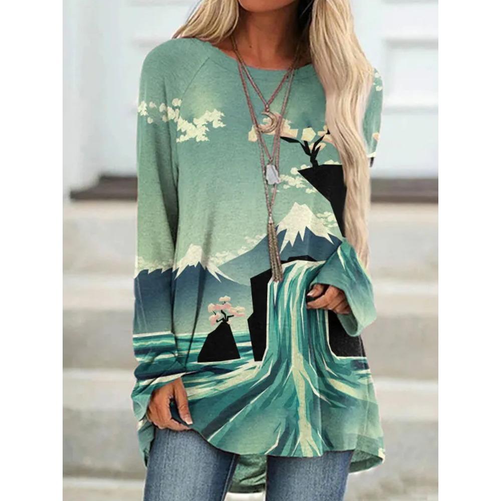 Large-sized Seaside Sunset 3D Printed Women's Round Neck Long Sleeve T-shirt Autumn Fashion Elegant Women's T-shirt Outdoor Casual Loose Top