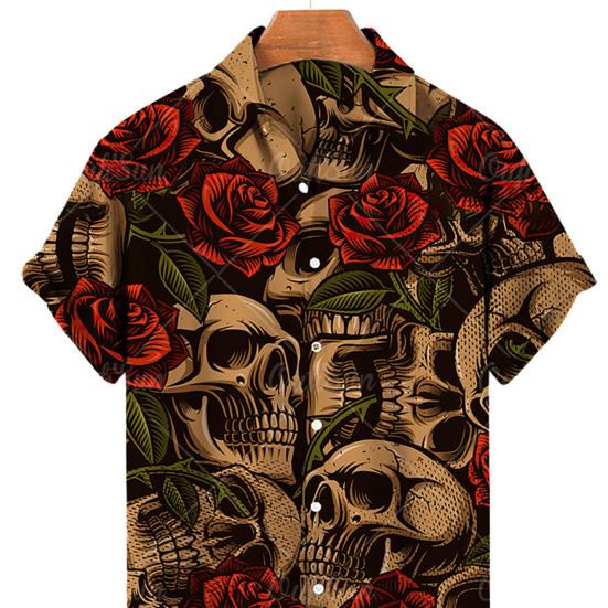 Revers Kurzarm Einreiher Männer Hemd Sommer Blume Schädel Drucken Hawaiian Shirt Beachwear
