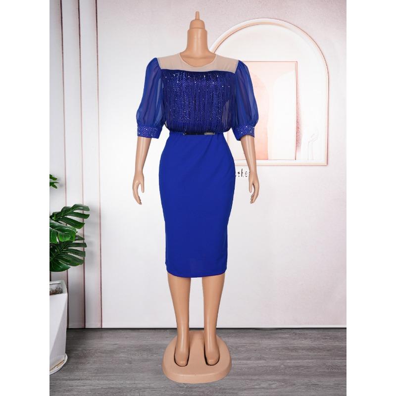 

Плюс Размер Женщин Моды Commuter Chic Платье С Бахромой На Бедрах 3XL синий