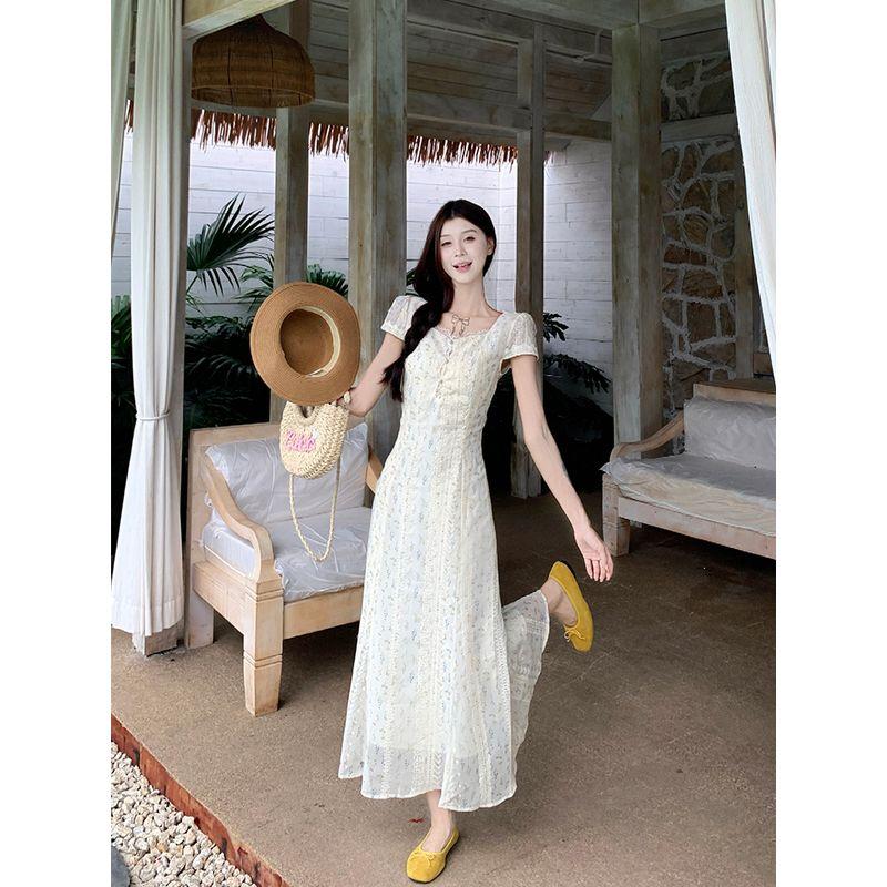 Kumikumi Gentle Floral Lace Edge Short Sleeve Dress Women Autumn Chic Age-Reducing Slimming Tight Waist Long Dress