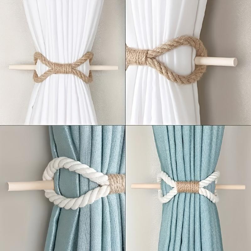 2pcs Boho Style Curtain Tiebacks, Rustic Solid Wooden Rods with Thick and Jute Rope, Simple Curtain Holdbacks for Bedroom & Living Room Decor