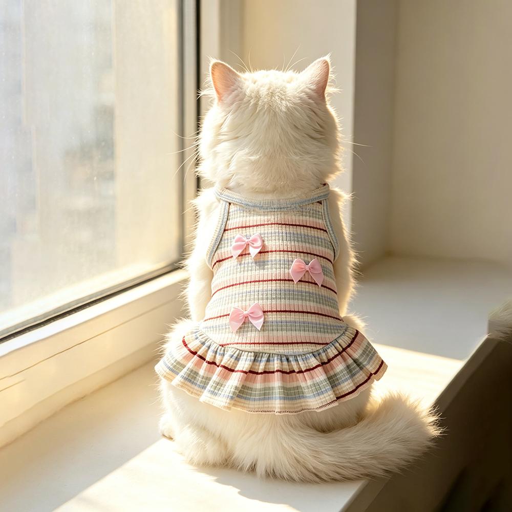 1PC   Striped Pet Dog Suspender Dress with Pink Bow Decor, Breathable Rib Knit Ruffle Hem Puppy Princess Skirt