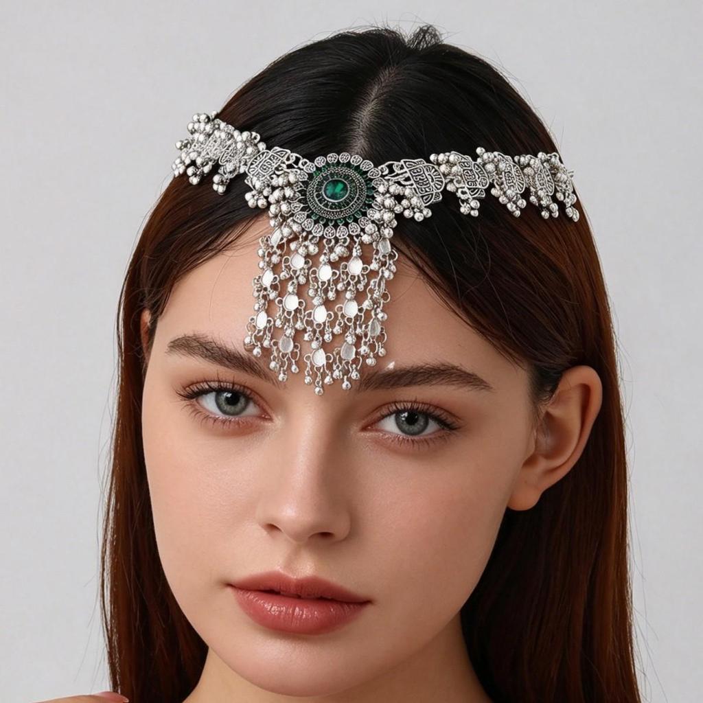 Ethnic Retro Tassel Rhinestone Forehead Chain for Indian Bride