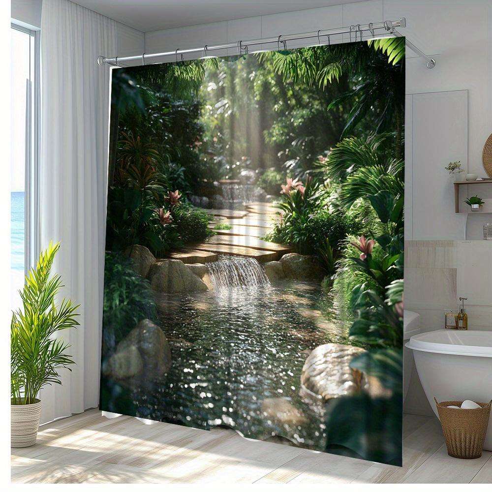 1pc Tropical Garden Shower Curtain - Jungle Bathroom Decor with Waterfall, Large Bath Curtain (70.8x70.8 Inches), Machine Washab
