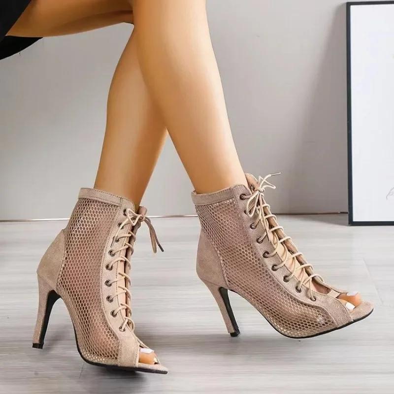 Fashion Summer New Women High Top Dance Shoes Ballroom Salsa Tango Sandals Girl Fashion Party Mesh Cutout High Heel Sandalias