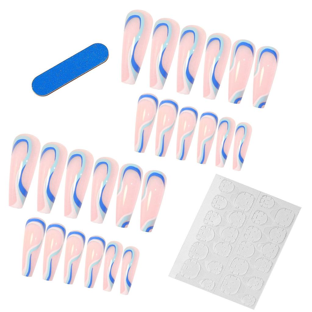 Nail Art European And American Blue Striped Coffin Nail, Long Ballet Nail, Fake Nail Finished 24 Pieces