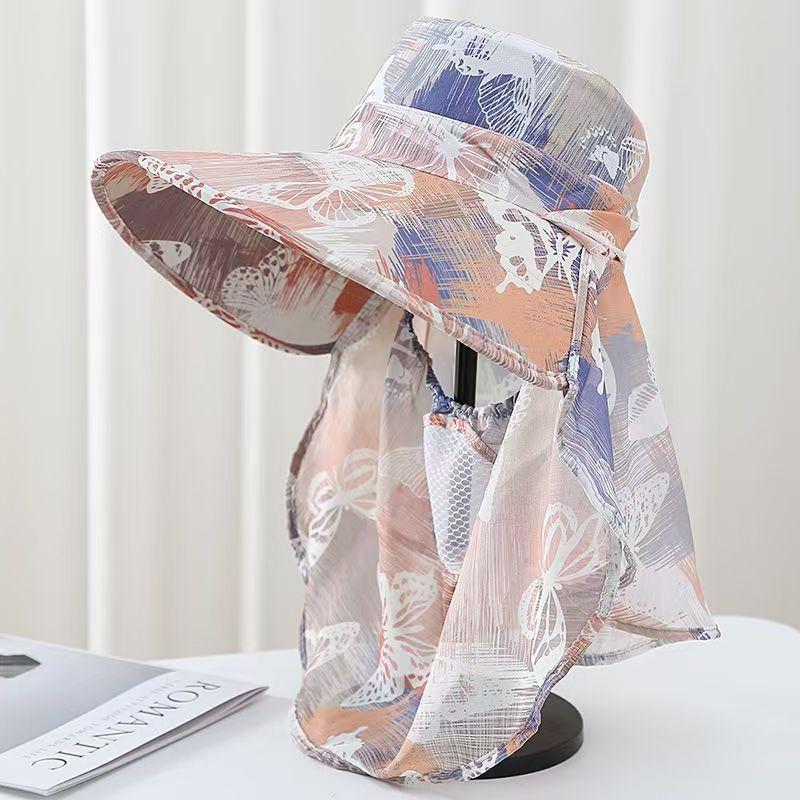 Summer sun protection hat for women, face mask, sun hat, face covering, UV protection, outdoor cycling wide-brimmed hat Average Size（54-59cm）