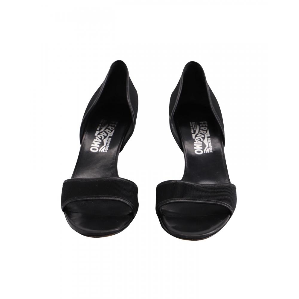 Salvatore Ferragamo Open Toe Mid Heel Pumps In Black Leather Black