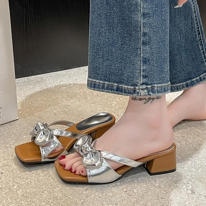 Mode Blockabsatz Pantoletten Damen Sommer Neu Eckige Zehen Offene Zehen Schleife Ausschnitt Atmungsaktiv Rutschfest Abriebfest Hohe Absätze