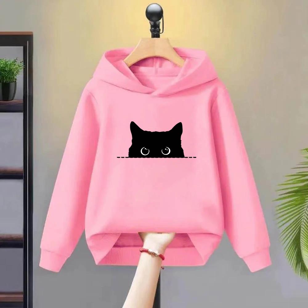 Kinder Kapuzenpullover Herbst Jacke Mädchen rosa Oberteile Hoodies Kind 3-12 Jahre Kleinkind Sweatshirt schwarze Katze Druck Freizeitkleidung