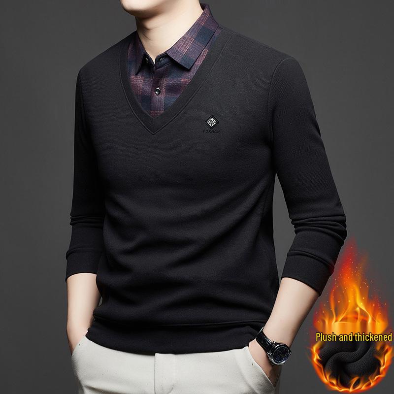 Plus Size Men's Thick Knit Sweater, Velvet Lined, Two-Piece Look, Middle-Aged Loose Fit