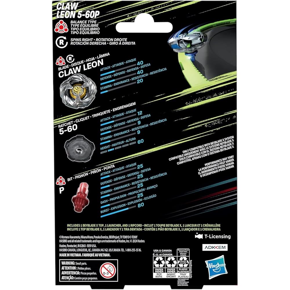 Beyblade X Claw Leon Starter Pack Balance Type Right Spin Top with Launcher Battle Toy for Kids