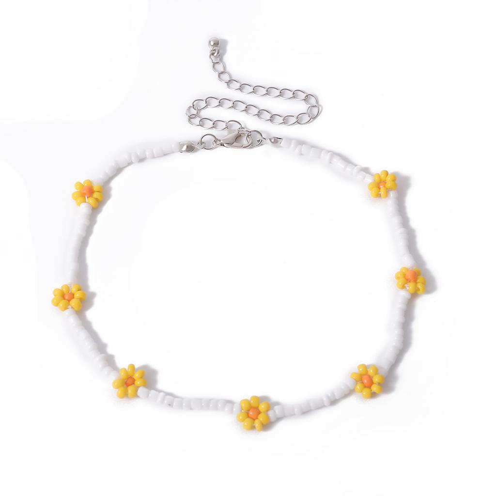 Bohemian Holiday Style Colored Rice Beads Beaded Necklace Female, Little Daisy Flower Collarbone Necklace