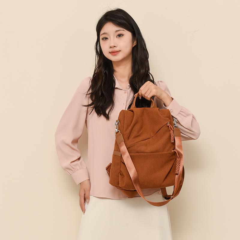 Zaino in Velluto a Coste Monocolore Cartella Scolastica da Studente Zainetto Piccolo da Pendolare da Donna Borsa a Spalla Multifunzionale