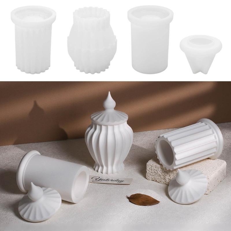 Striped Cylinder Resins Jar Molds Candlestick Molds for Making Candlestick Tealight Holder Storage Jar, Resins Lid Molds