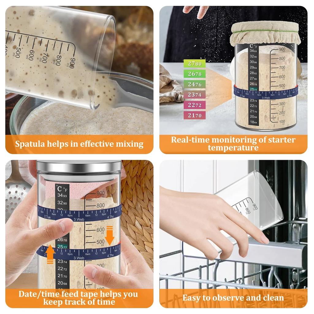 Surdegsstartburk 900ml Surdegsstartbehållare med spatel Matningsband Återanvändbar Glas Surdegsjäsningsburk